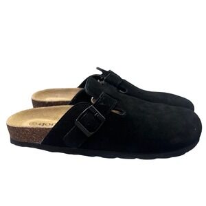 Qomfort Shoes Black Suede Clogs Mule Slip On Buckle Women Size 41/10 Lounge